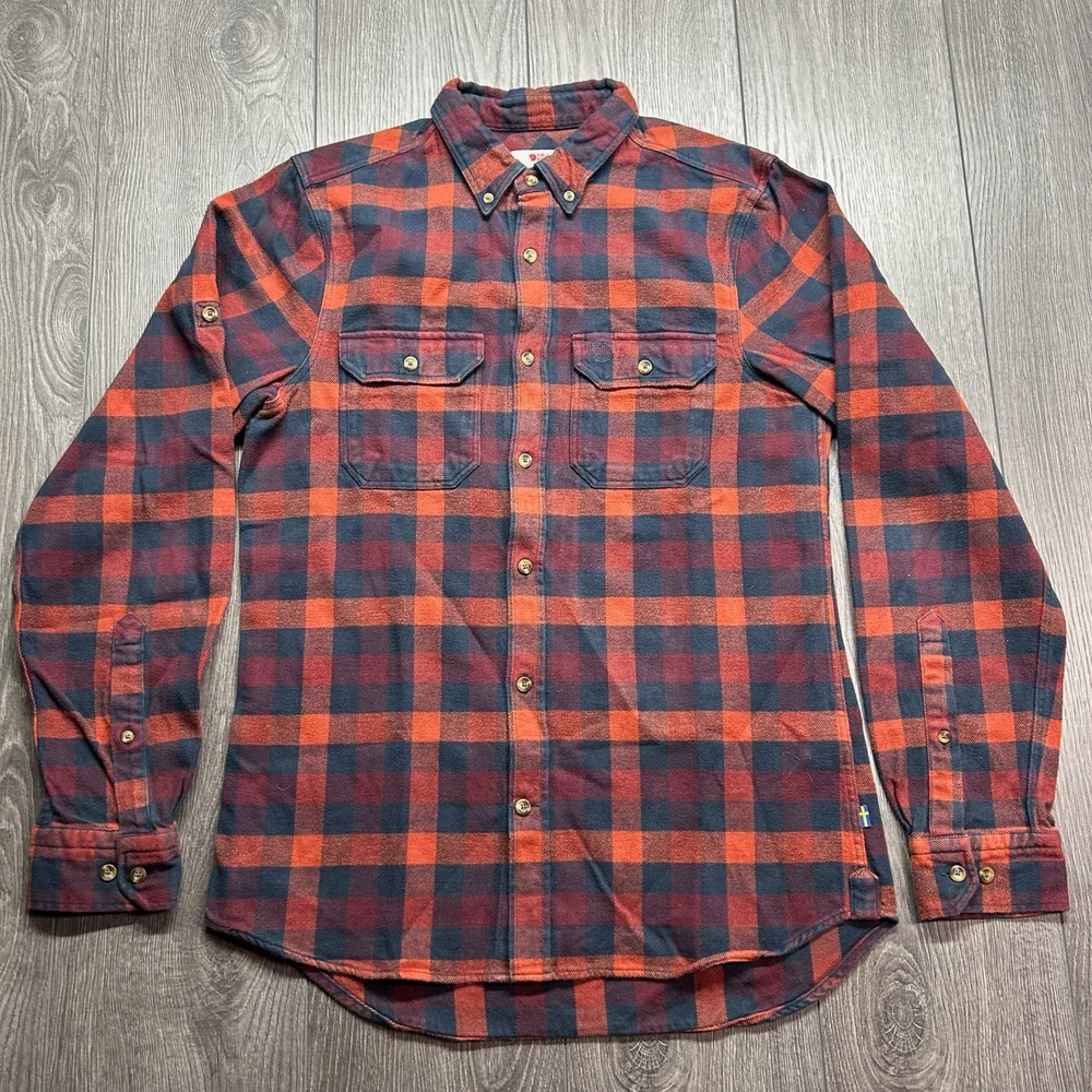 Fjallraven Ovik Flannel Shirt Mens Medium Slim Fit Red Navy Plaid Button Down